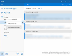 Configurare libero su Windows 10 -Eliminare un account Posta 02